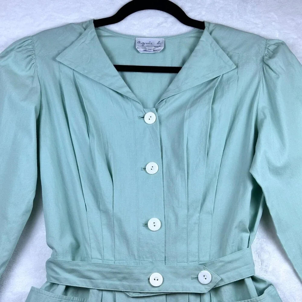Vintage Agnès b. Paris Mint Green Button Front Belted Dress Sz 36/S Cottagecore - Picture 4 of 10